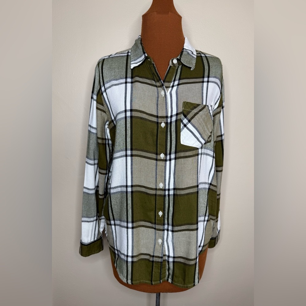 Lucky Brand Olive and White Plaid Shirt Long Sleeve Shirt Size Small